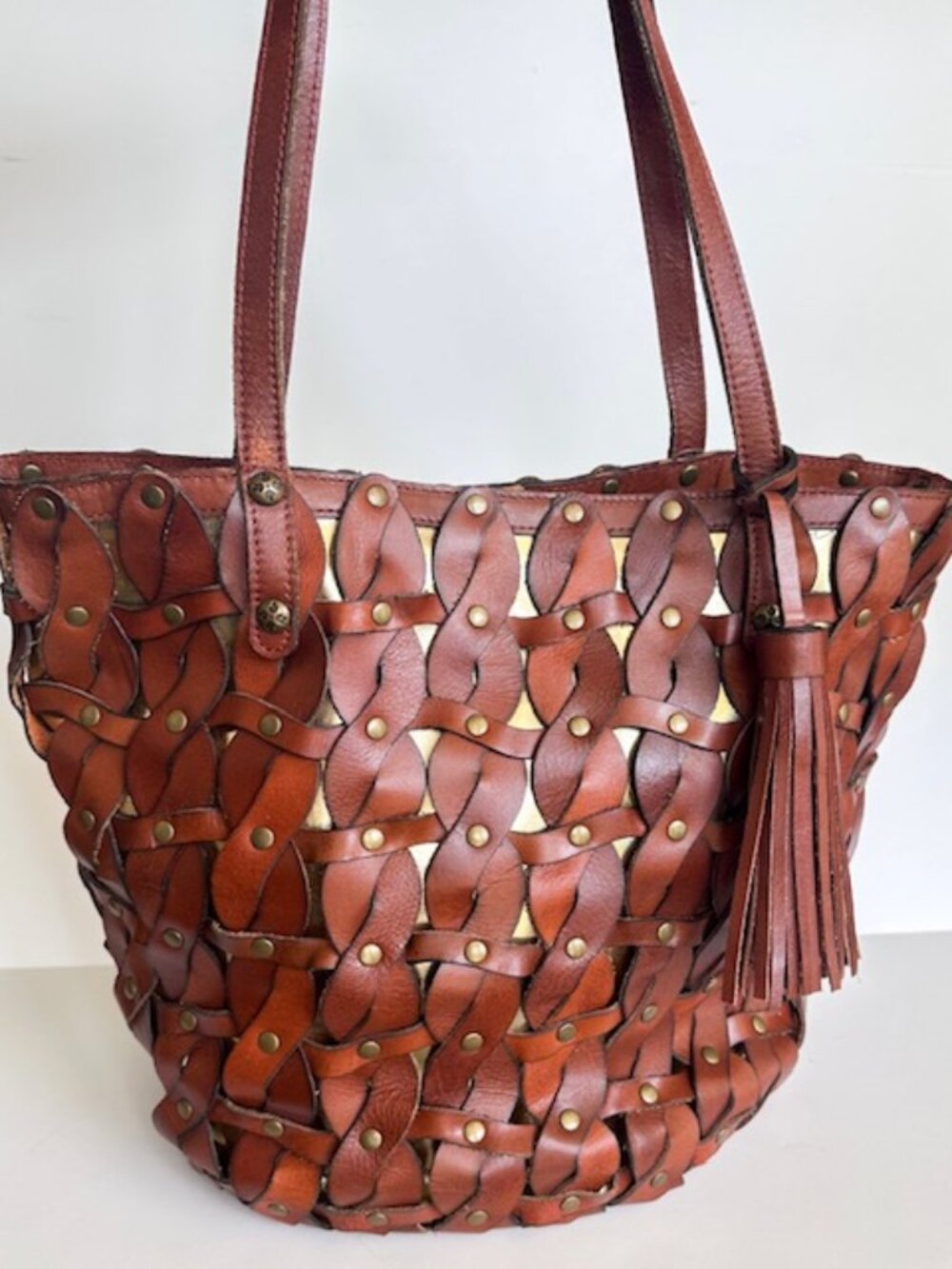 Patricia Nash Mizzana Twisted Braid Leather Tote with Tassel | Toast | NWT